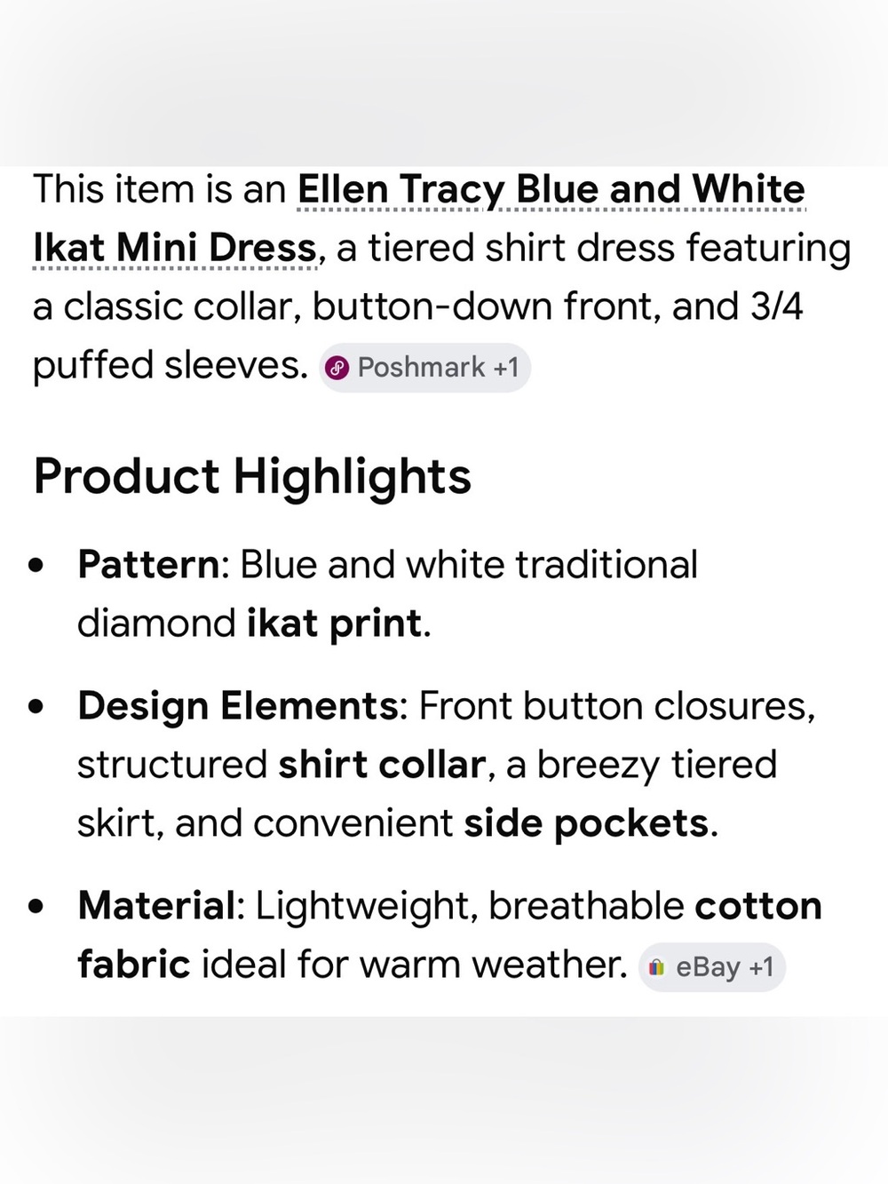 NWT Ellen Tracy Blue and White Ikat Mini Shirtdress. Size Small - Picture 7 of 8
